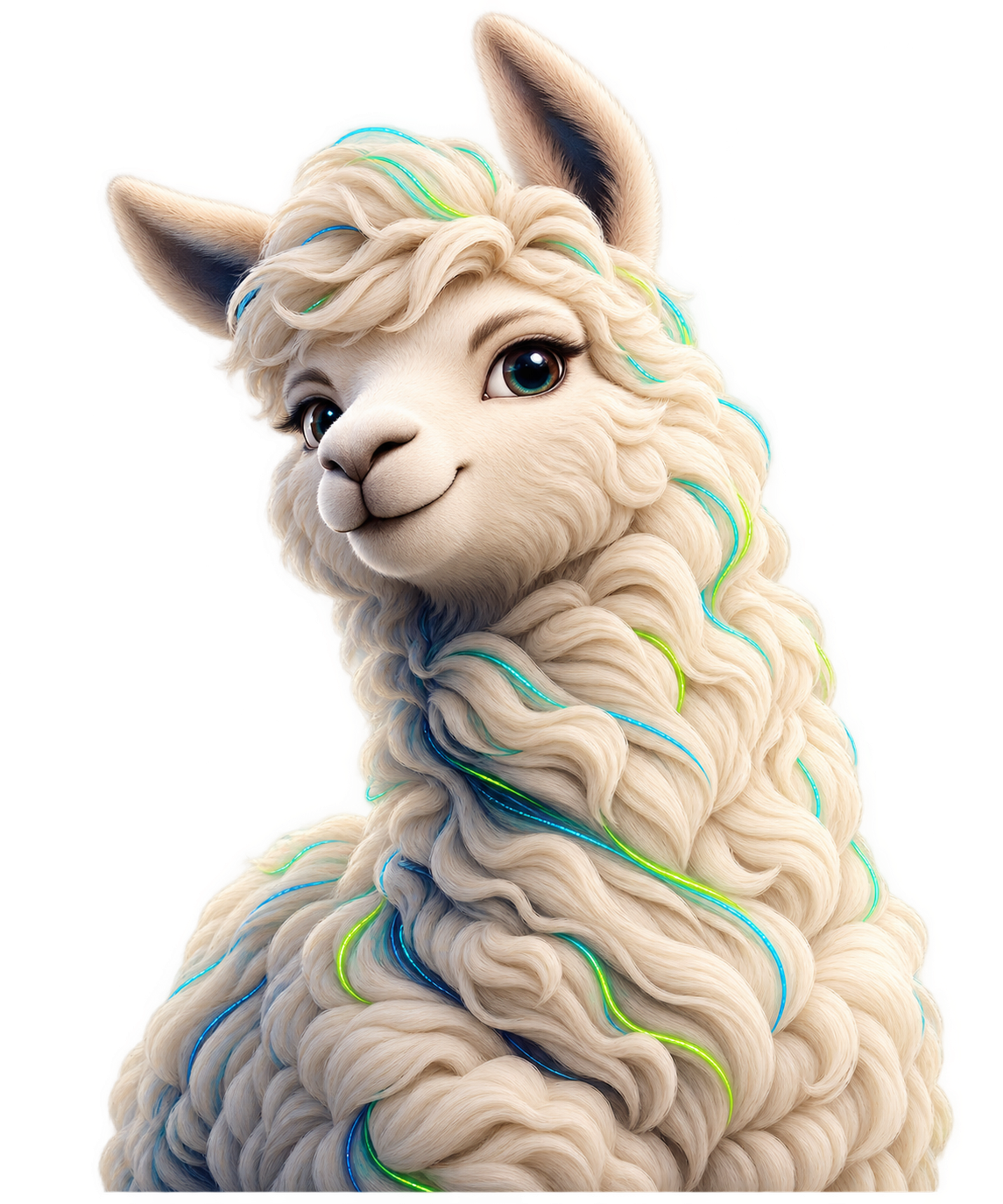 SpringFur alpaca with fine turquoise and lime fibers woven through its fleece